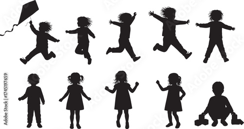 Children silhouette vector, playful and quiet activities, kite flying, running, sitting, waving, building blocks, black illustration, childhood moments, minimalist design