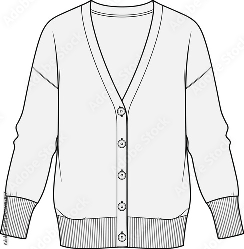 Cardigan sweater illustration, V-neckline with button-down front, dropped shoulders and ribbed cuffs, fashion garment vector, technical sketch template