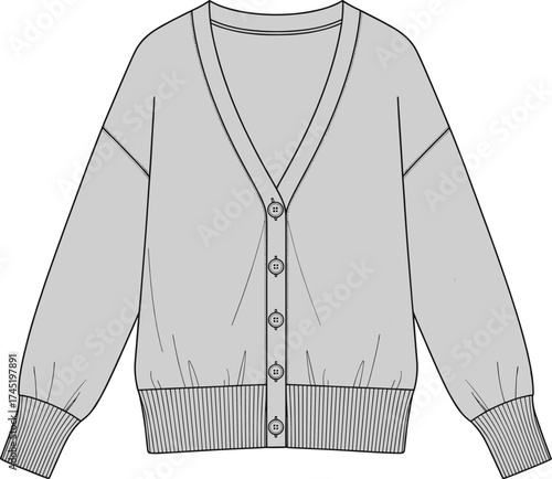 Cardigan sweater illustration, V-neckline with button-down front, dropped shoulders and ribbed cuffs, fashion garment vector, technical sketch template