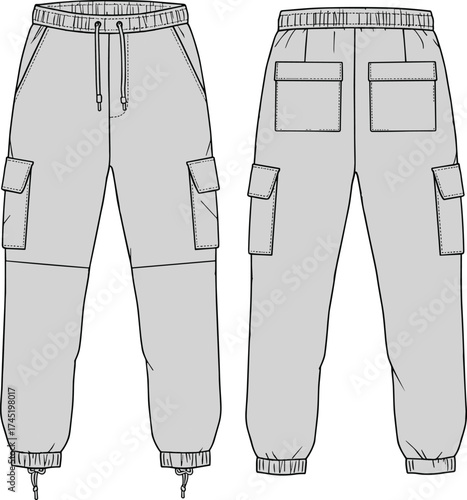 Cargo jogger pants technical drawing, front and back views with flap pockets, drawstring waistband, elastic cuffs, fashion vector, garment construction asset