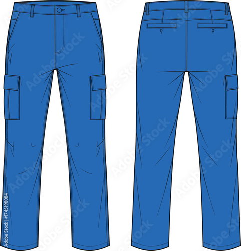 Cargo pants illustration, blue with flap thigh pockets, welt back pockets and belt loops, front and back view, fashion garment vector, technical sketch