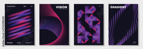 Abstract gradient vector poster set in purple and blue with geometric shapes vertical background for advertising, marketing, and product promotion design