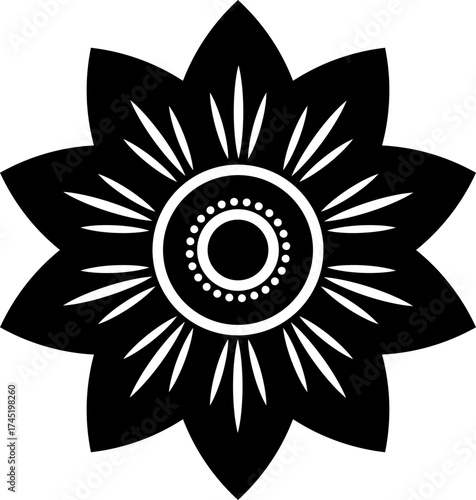Black and white flower silhouette icon creating a mandala design