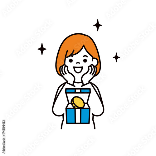 ポイントを貰って喜ぶ、若い女性のシンプルな上半身ベクターイラスト素材