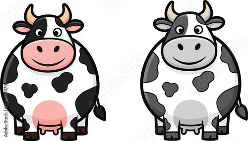 Cartoon cow character set, black-and-white and gray spotted cows with pink and gray snouts, farm animal illustration, vector comparison design