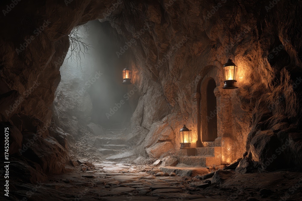 Obraz premium Mysterious cave with stone steps, lamps, & misty light filtering through. Evokes adventure, fantasy, or historical exploration concepts.