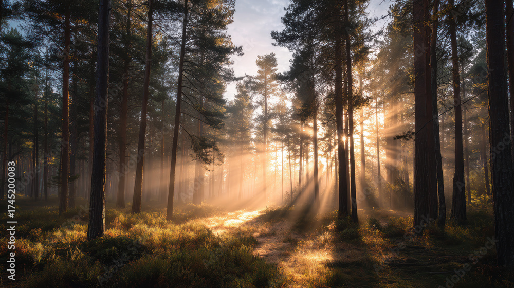 Fototapeta premium The sun is shining through the trees, casting a warm glow on the forest floor