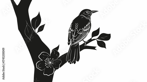 Elegant bird perched on flowering branch, a symbol of spring and new beginnings