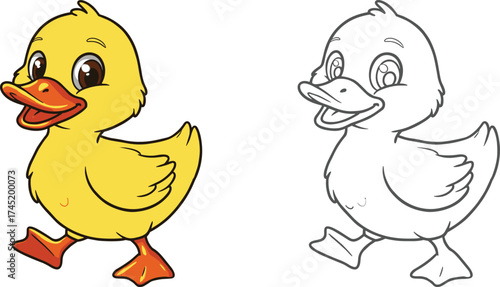 Cartoon duck character with orange beak and feet, bright yellow bird walking with smile, black-and-white outline version, kids coloring book vector