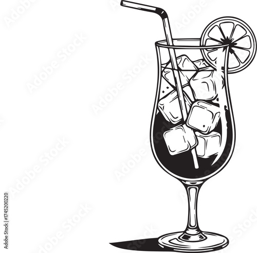Refreshing tall glass filled with ice cubes and drink topped with lime and straw hand drawn sketch style