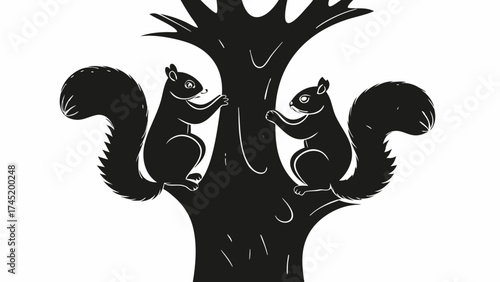 Charming squirrels perched on a tree branch, whimsical woodland nature design element, wildlife art