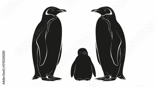Penguin family bonding illustration, a loving moment, adorable chick between parents, wildlife art