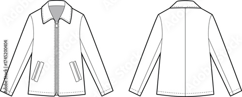 CAD drawing flat vector illustration, jacket fashion design, technical sketch, garment construction, apparel template, front and back view, zipper pocket style