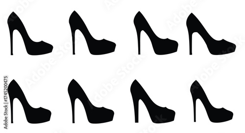 Black high heels silhouettes arranged in a grid pattern on white background