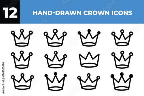 Collection of simple hand-drawn crown icons for royalty and authority designs