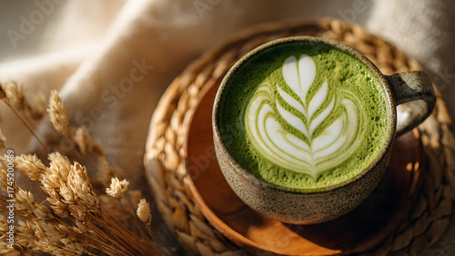 Artistic Matcha Latte with Latte Art on a Woven Tray, Featuring Dried Wheat and a Soft Beige Background, Evoking a Sense of Calm and Wellness, Perfect for Food and Drink Related Projects