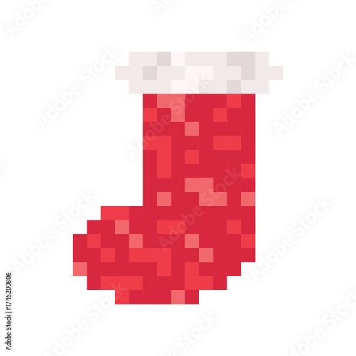 Classic red Christmas stocking in pixel art style.