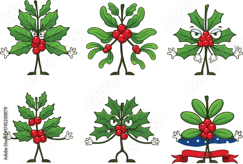 Cartoon holly character illustration set, six expressive poses with berries, leaves, ribbon and banner, Christmas vector asset, festive sticker design