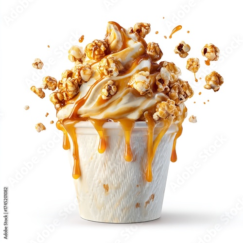 Caramel popcorn ice cream sundae dessert sweet treat food photography delicious snack isolated on white