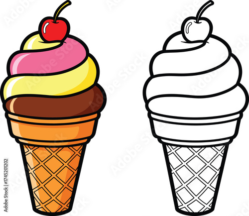 Cartoon ice cream cone with cherry, colorful dessert illustration and black-and-white outline version, kids coloring book page, summer treat vector