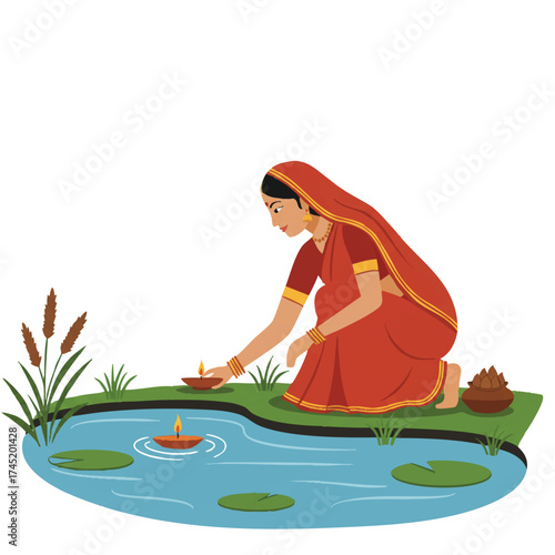 A serene Indian woman in a vibrant traditional sari kneels by a calm pond, gracefully placing a glowing floating diya candle on the water's surface, depicted in flat 2D vector style.