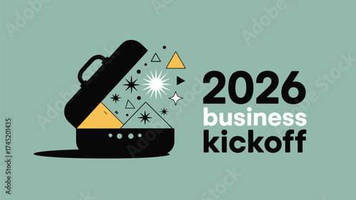 A suitcase emitting shapes and stars next to the text 2026 business kickoff on a green background