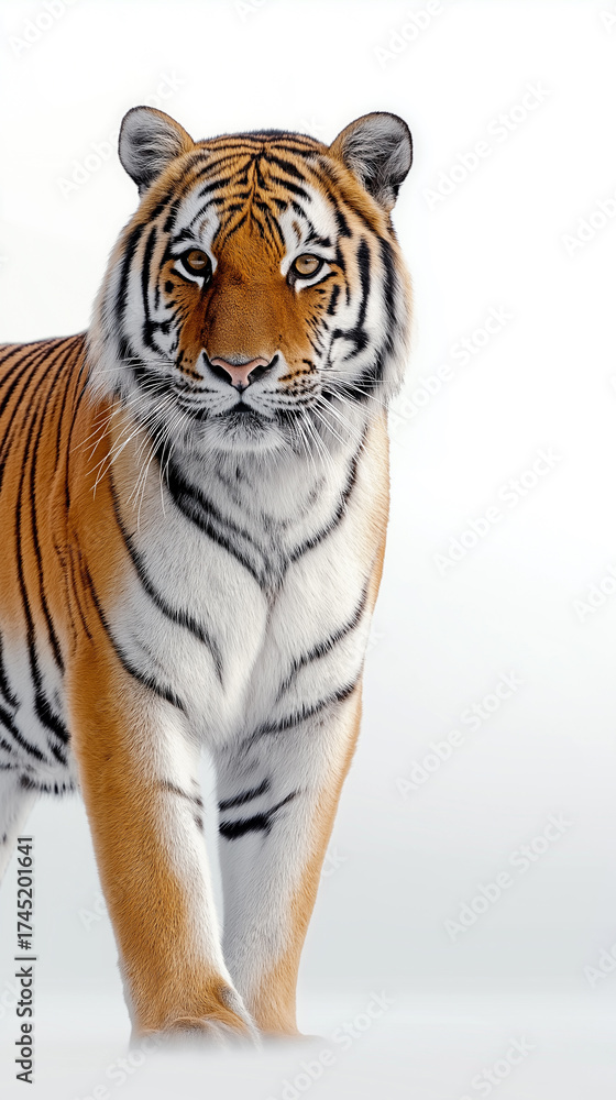Obraz premium A majestic Bengal tiger standing against a white background, staring directly ahead. 