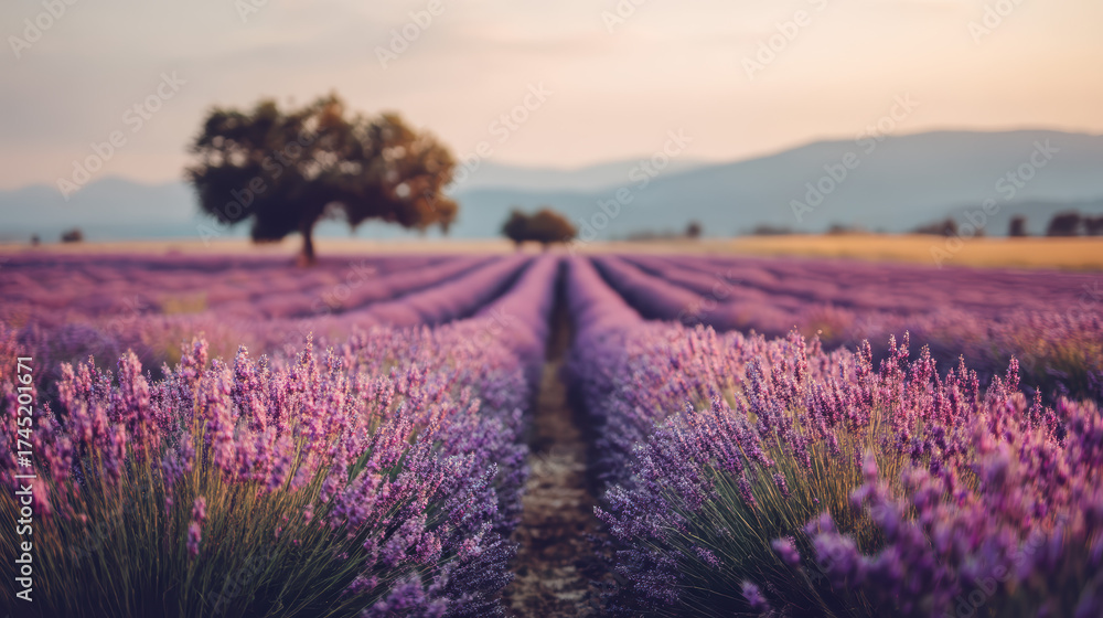 Obraz premium Field of lavender with a tree in the background