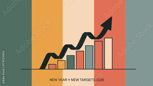 A stylized bar graph with an upward trending arrow against a multicolored background for new year targets
