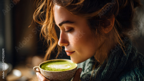 Serene Woman Enjoying a Cup of Matcha Latte, Close-Up Portrait of a Girl with Auburn Hair Holding a Warm Green Tea Drink, Relaxing Moment with Healthy Beverage, Cozy and Peaceful Scene