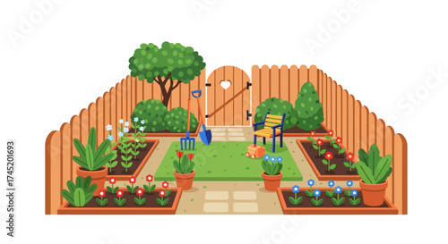 Beautiful garden scene with plants and flowers, a peaceful outdoor space.