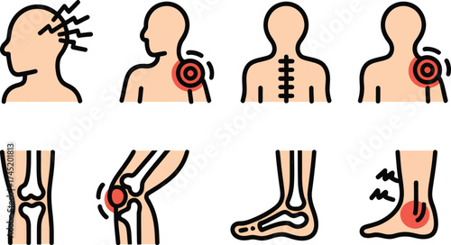 Medical icons representing various body pain conditions and joint issues