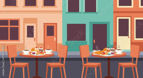 Cafe tables with food and drinks ready for customers to enjoy.