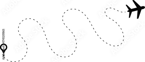 airplane Route icon dotted line with location symbol. Travel from start point to destination. flying plane with twisted. Dotted line route with location pin
