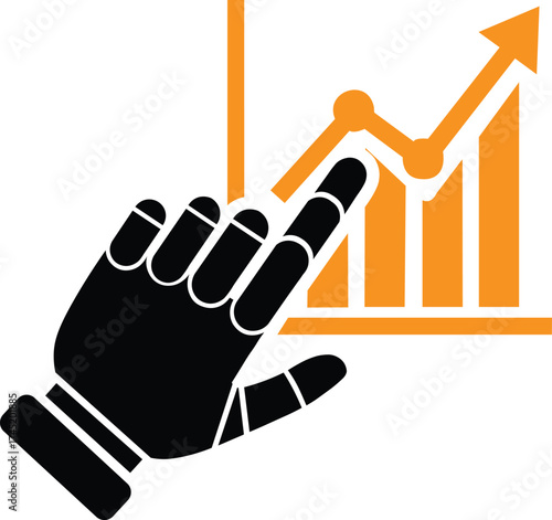 Black hand icon pointing to a rising orange bar graph with a line chart indicating financial growth and positive trends