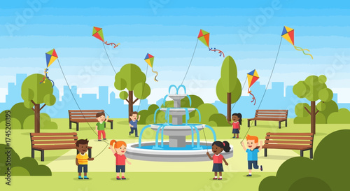 Children flying kites in a park near a fountain on a sunny day.
