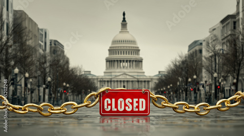
Government Shutdown in the United States — Capitol Building Behind Closed Sign and Chain