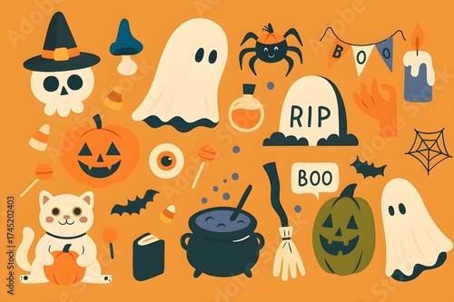 Cute Halloween Elements Set with Ghost, Pumpkin, Cat, Skull, Spider, and Witch Cauldron | Spooky Illustration