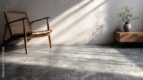 Minimalist interior with chair and sunlight, on cracked floor, white wall. Perfect for showcasing home decor, interior design, or serene lifestyle.