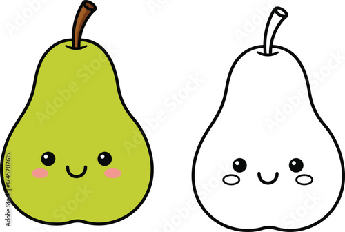 Cartoon pear with green skin, brown stem, and smiling face, cute fruit character in color and black-and-white outline version, kids coloring book page vector