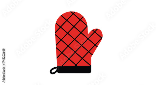 A single red oven mitt with a black grid pattern is shown