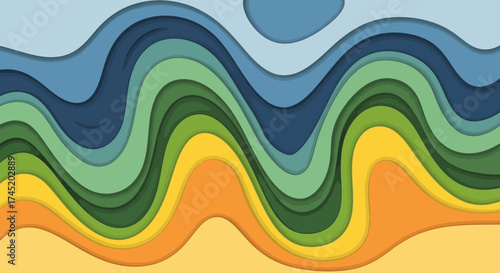 Colorful layered waves abstract art representing nature and landscape.