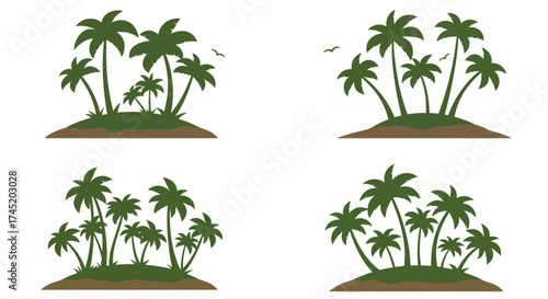 Tropical island silhouettes featuring lush palm trees and green vegetation