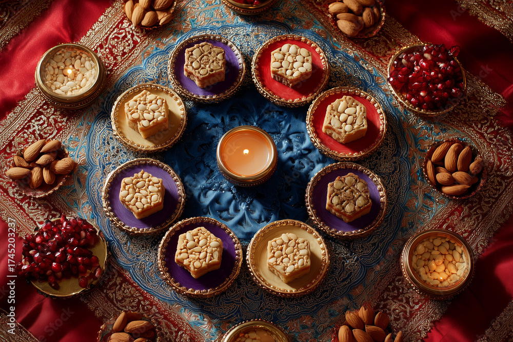 Fototapeta premium Flat lay of Diwali sweets, nuts, and lamps in symmetrical festive arrangement.