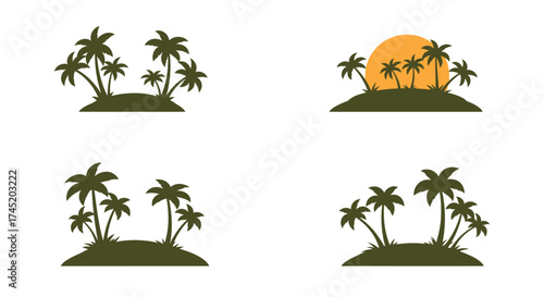 Tropical island silhouettes with palm trees and a setting sun design