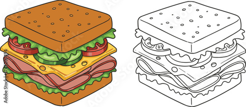 Cartoon sandwich with lettuce, tomato, cucumber, cheese, and deli meat, colorful food illustration and black-and-white outline version, kids coloring page
