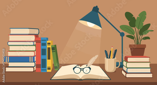 Desk setup with books, lamp, and plant, perfect for reading and studying.