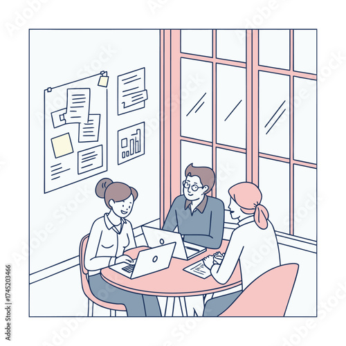 Team Collaboration in Modern Office, Employees Brainstorming Together, Corporate Teamwork Meeting Vector, Office Staff Sitting at Desk Illustration
