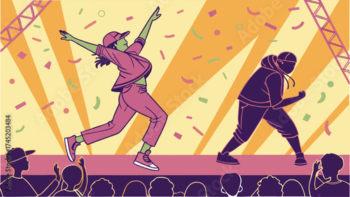 Dynamic hip hop dance performance showcasing energetic dancers on stage, a vibrant celebration of urban culture and street style with captivated audience