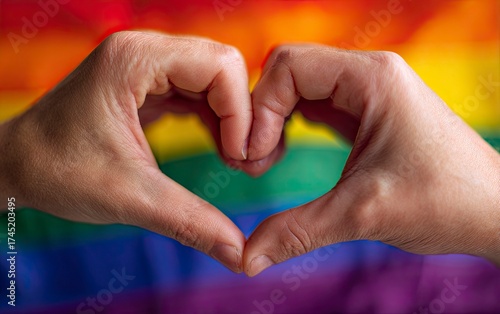 Wallpaper Mural Hands forming a vibrant heart shape against a rainbow flag background, symbolizing love, pride, and inclusivity in a powerful gesture of unity and acceptance. Torontodigital.ca